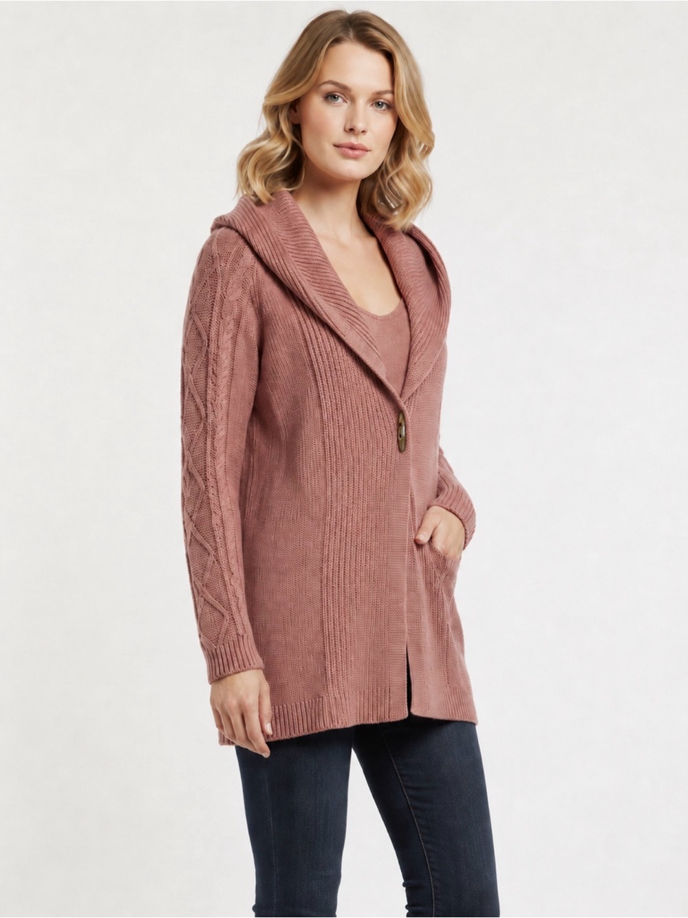 D & Co Pink Cable Knit Cardigan Sweater Small